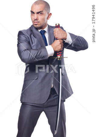 Businessman with sword isolated on white Businessman with sword isolated on white 17941496