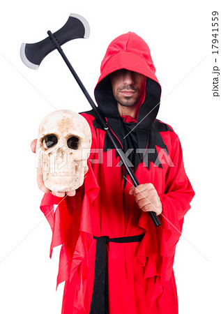 Executioner in red costume with axe on white 17941559