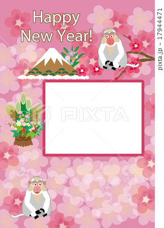 サルと富士山の可愛いピンクの年賀状フォトフレームのイラスト素材