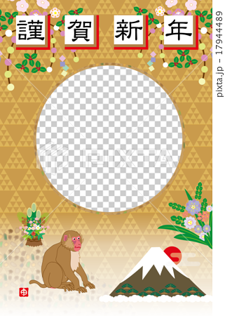 申年の猿と富士山のイラスト和風年賀状フォトフレームのイラスト素材