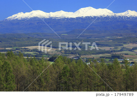 北海道　上富良野町　冠雪の大雪山と丘陵地帯 17949789