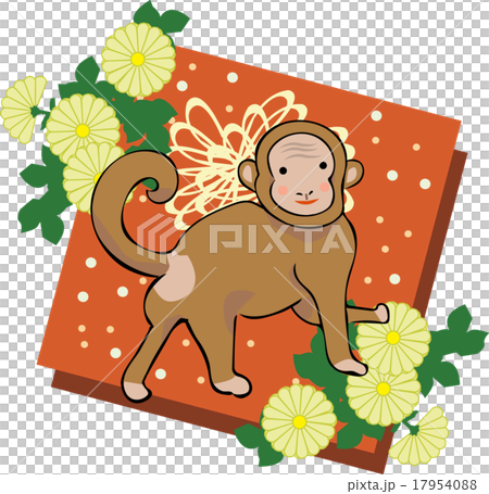 猴子和菊花紅色背景新年的卡片材料 17954088
