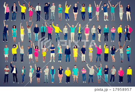 Multiethnic Casual People Togetherness Celebration Arms Raised C 17958957