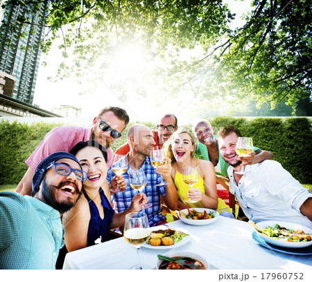 Friends Dining Outdoors Party Cheerful Concept Friends Dining Outdoors Party Cheerful Concept 17960752
