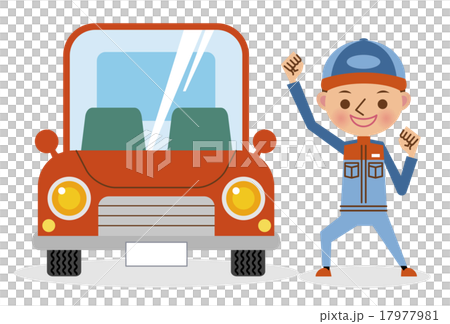 ガッツポーズで喜ぶ自動車整備士と赤い車のイラスト素材