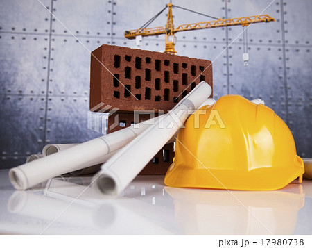 Crane, Safety helmet, Blueprints and construction Crane, Safety helmet, Blueprints and construction 17980738