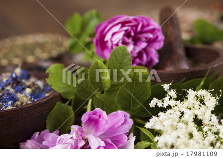 Natural medicine, wooden table background 17981109