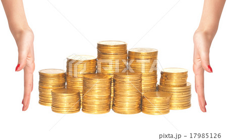 golden coins and woman hands isolated on white golden coins and woman hands isolated on white 17985126