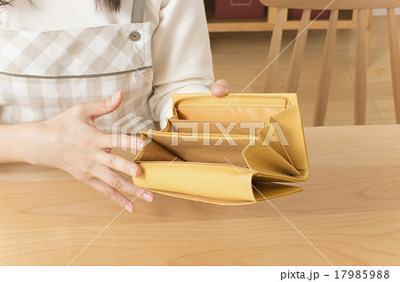 空っぽの財布を確認する主婦手元　金欠イメージ 17985988