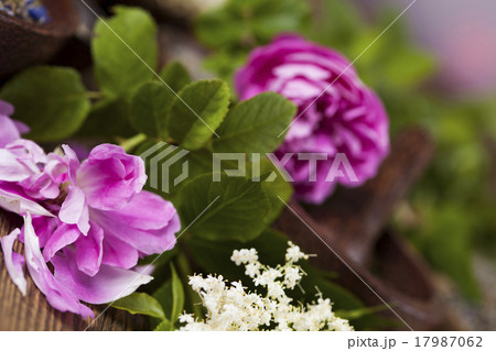 Natural medicine, wooden table background 17987062