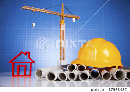 Crane, Safety helmet, Blueprints and construction Crane, Safety helmet, Blueprints and construction 17988487