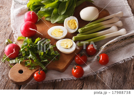 Preparation of spring salad Horizontal top view Preparation of spring salad Horizontal top view 17988738