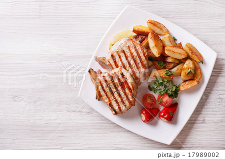 pork steak and fried potatoes top view horizontal 17989002