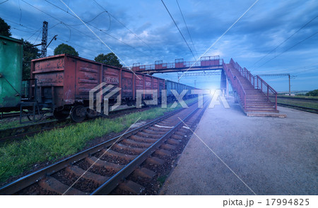 Cargo train platform at sunset. Railroad. Railway 17994825