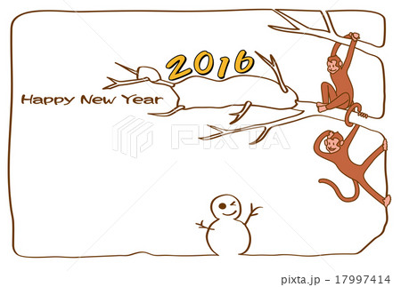 16年年賀状 猿と雪だるま 図案右レイアウト 横書き 白色背景 はがきテンプレート のイラスト素材