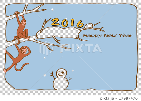 16年年賀状 猿と雪だるま 図案左レイアウト 横書き 水色背景 はがきテンプレート のイラスト素材
