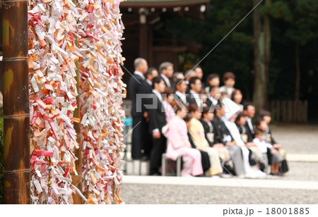 多賀大社の恋みくじと結婚式の集合写真の風景の写真素材