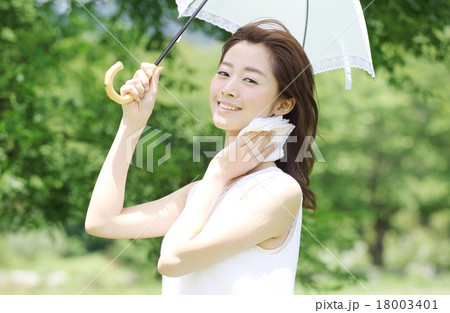 暑くて汗を拭く女性 18003401