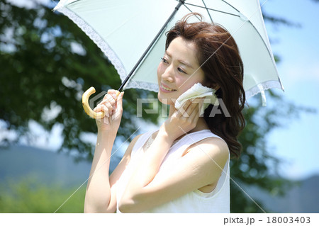 暑くて汗を拭く女性 18003403