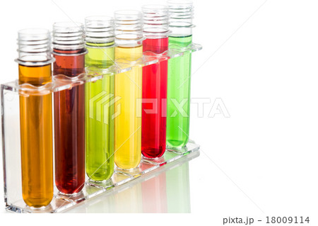 Test tubes with multi color chemicals 18009114