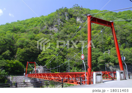 武田尾温泉の真っ赤な吊り橋・武田尾橋と新緑（武庫川上流の渓谷） 18011403