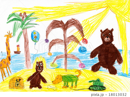 Animals holiday on tropical beach. child drawing Animals holiday on tropical beach. child drawing 18013032