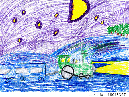 child drawing. train at night. 18013367