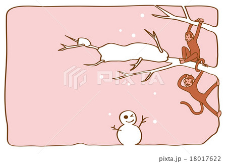 猿と雪だるま 図案右レイアウト 横書き ピンク色背景 はがきテンプレート のイラスト素材