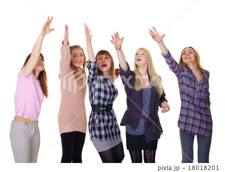 Girls pulling together hands up isolated on white background Girls pulling together hands up isolated on white background 18018201