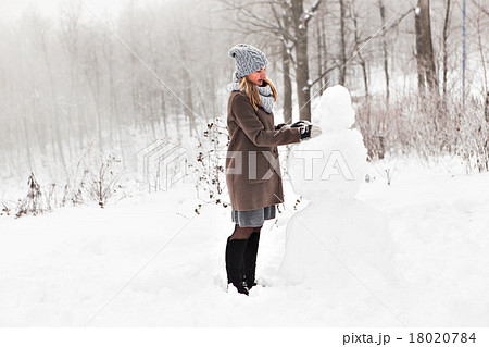 Happy young woman and snowman Happy young woman and snowman 18020784