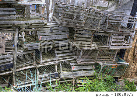Stack of wooden lobster traps in Maine 18029975