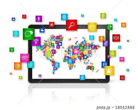 World map made of icons on Tablet PC World map made of icons on Tablet PC 18032888