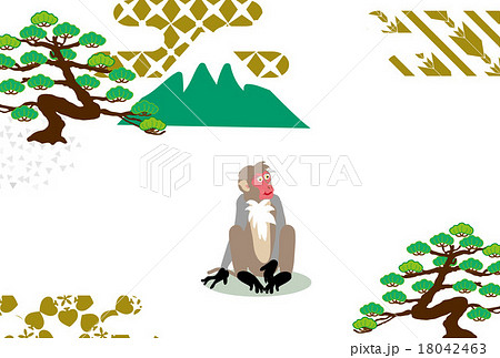 猿と富士山のお洒落なイラスト年賀状テンプレートデザインのイラスト素材