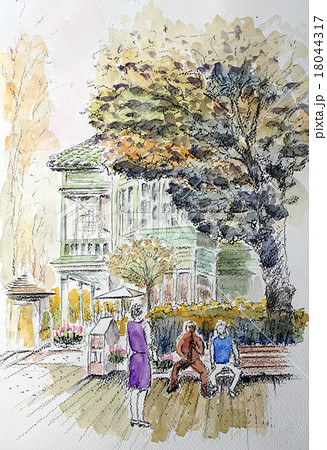 神戸北野町萌黄の館　神戸異人館街　スケッチ画 18044317