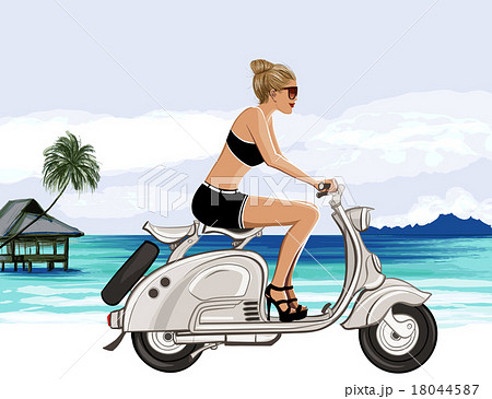 Young woman riding a scooter near a tropical beach 18044587