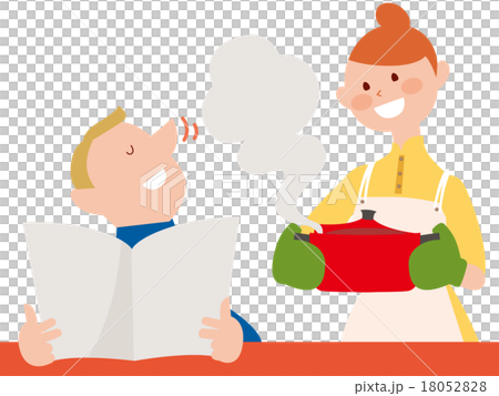 有一個火鍋的一名微笑的婦女和看起來另一個的人愉快 18052828