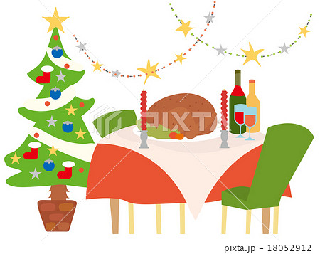 クリスマスパーティテーブルとクリスマスツリーのイラスト素材