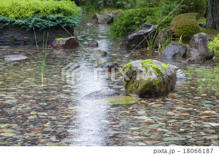 日本庭園 川の水面の写真素材