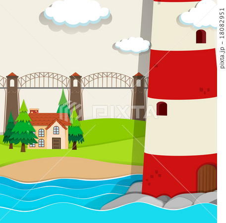 Nature scene with lightwave and house by the beach 18082951