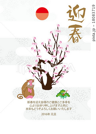 和風の猿と梅の木のイラスト年賀状テンプレートのイラスト素材