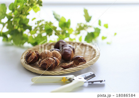 食品　栗　皮むきをする手 18086584