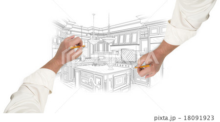 Two Male Hands Sketching Beautiful Custom Kitchen Two Male Hands Sketching Beautiful Custom Kitchen 18091923