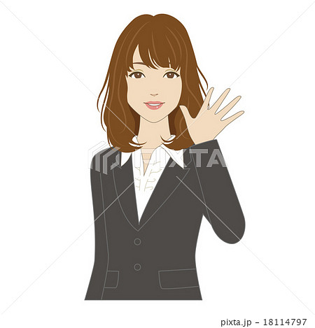 笑顔で手を振るスーツ姿の女性会社員のイラスト素材