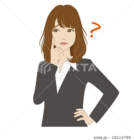 頬に指を当て悩むスーツ姿の女性会社員 頬に指を当て悩むスーツ姿の女性会社員 18114799