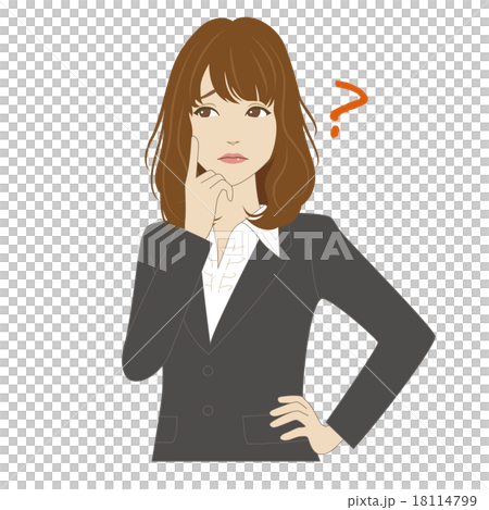 頬に指を当て悩むスーツ姿の女性会社員 頬に指を当て悩むスーツ姿の女性会社員 18114799