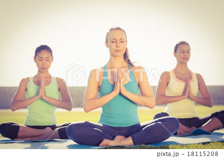 Peaceful sporty women doing lotus pose Peaceful sporty women doing lotus pose 18115208