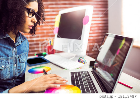 Casual female designer using laptop Casual female designer using laptop 18115487