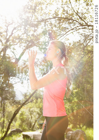 Blonde athlete drinking water out of bottle Blonde athlete drinking water out of bottle 18116726