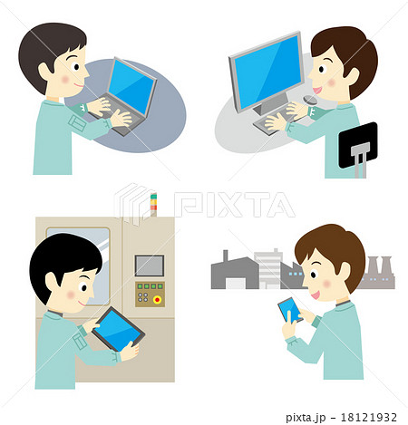 電子機器を操作する作業着の男性　セット 18121932