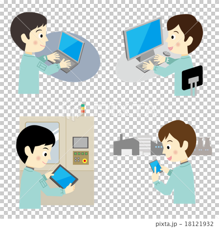 電子機器を操作する作業着の男性　セット 18121932